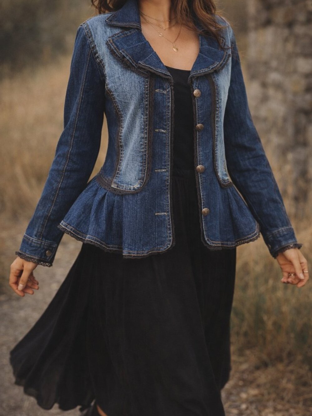 The Pyramid Collection Whimsigoth Denim Peplum Jacket Witchy Lace L